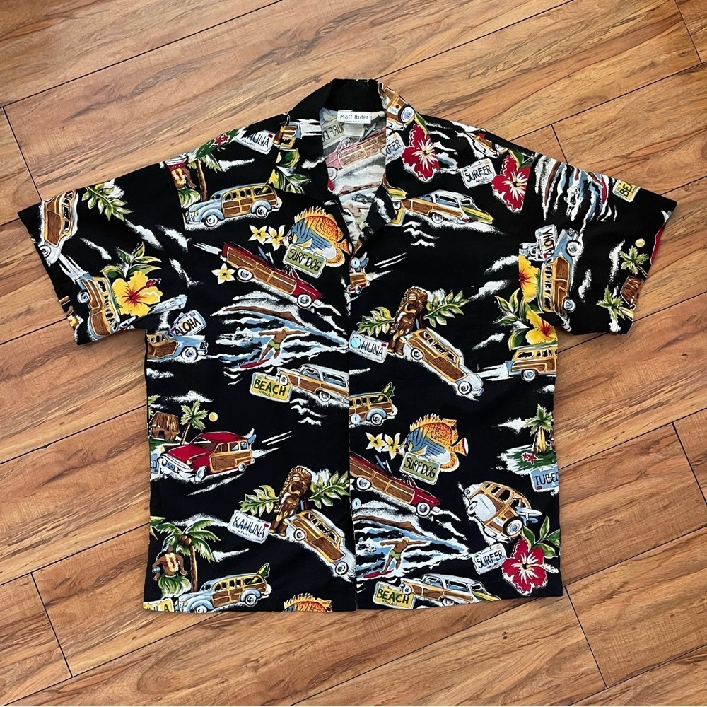 Matt Rider Laguna Beach CA Vintage Cars Hawaiian Shirt SZ Medium